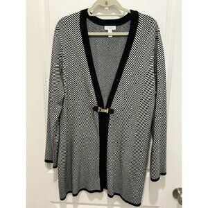 Charter Club Cardigan 1X Ladies Black White Herring Bone One Clip Closure